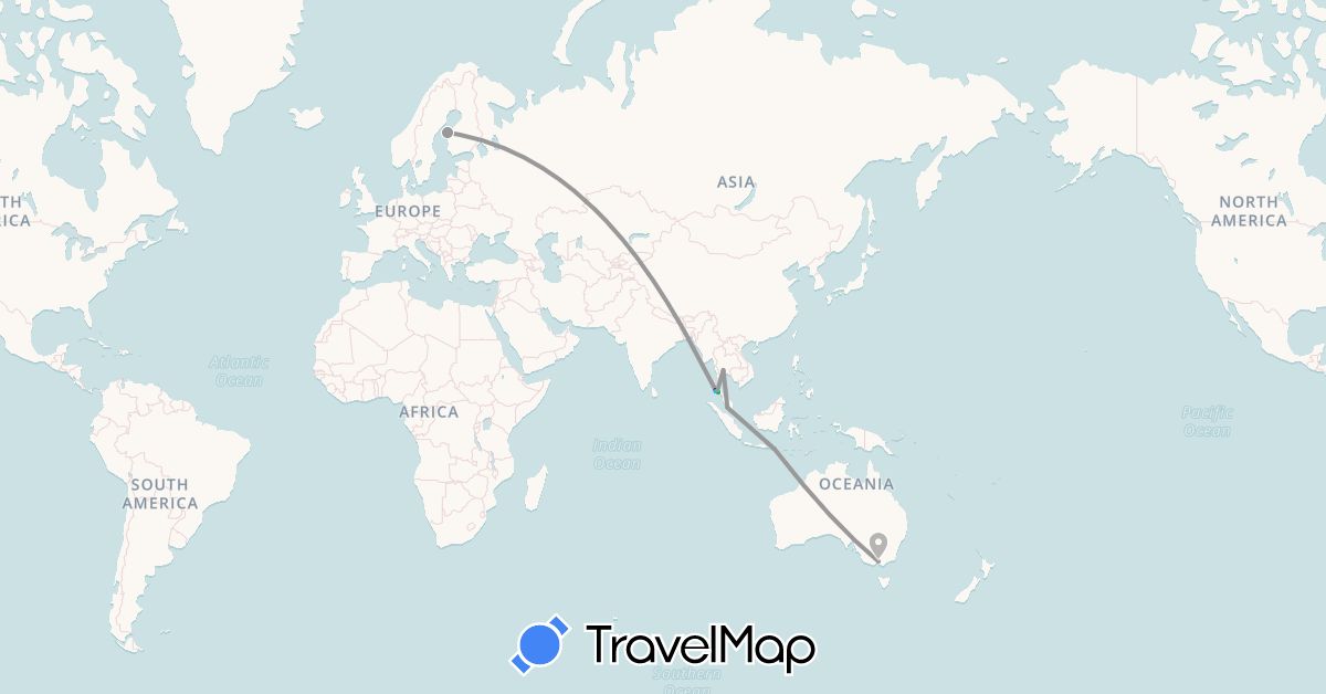 TravelMap itinerary: driving, bus, plane, boat in Australia, Finland, Indonesia, Malaysia, Thailand (Asia, Europe, Oceania)